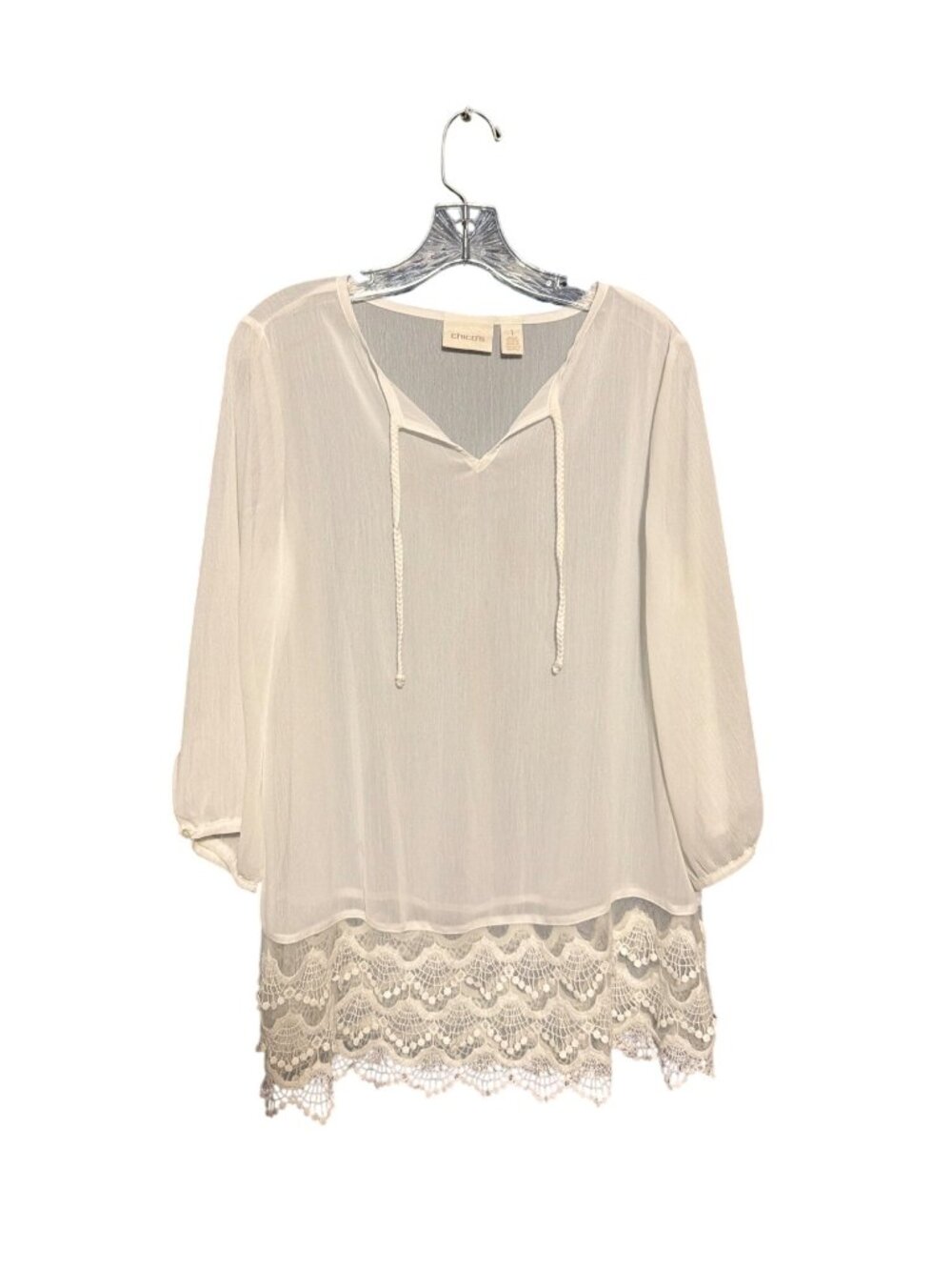 Chicos Ivory Lace Hem Sheer Peasant Blouse